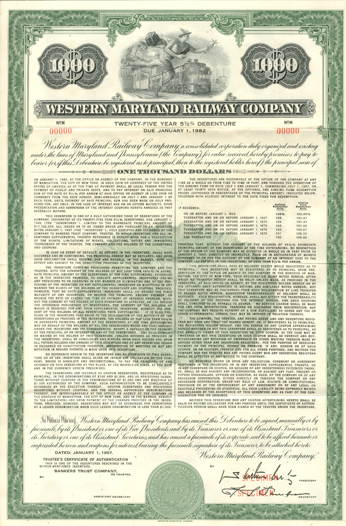 Western Maryland Railway Co. $1000 Specimen Bond